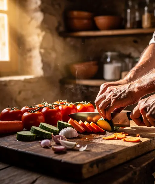 Close-up of hands slicing fresh vegetables on a wooden board, warm golden light, rustic kitchen atmosphere, Ardèche countryside inspiration, authentic and natural lifestyle photography, high resolution
