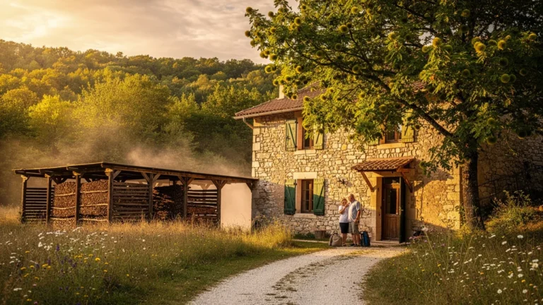 Gîte en Ardèche en pleine saison avec hangars à châtaignes émettant une odeur caractéristique