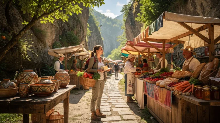 Marché paysan en semaine dans les gorges avec produits locaux et voyageur gourmand émerveillé
