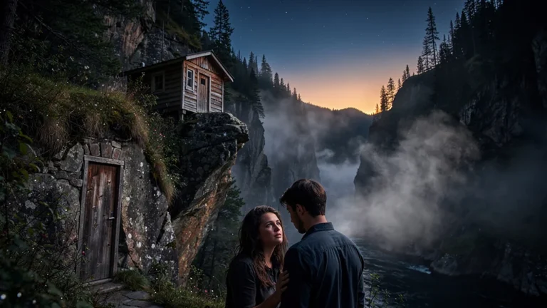 Couple dans un gîte isolé en gorge, respirations intenses révélant la difficulté de ces séjours pour certains couples