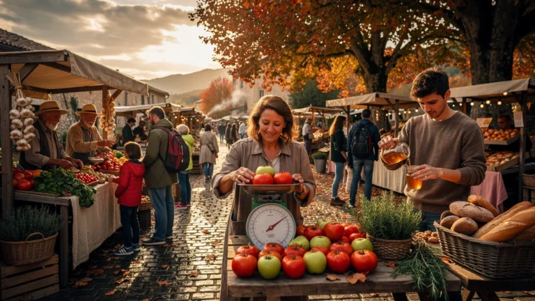Marché paysan ardéchois animé au lever du jour avec producteurs et visiteurs en immersion locale