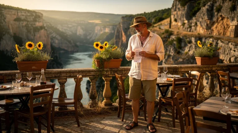 Homme déçu sur terrasse en bord de gorges à Balazuc après une visite coûteuse en août
