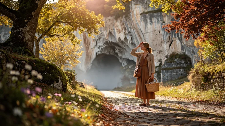 Femme regrettant d'avoir zappé l'Aven d'Orgnac pour courir un marché sous un soleil d'automne