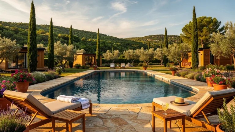 Camping Ardèche du Sud avec piscine extérieure naturelle et cabanes en bois dans un paysage méditerranéen