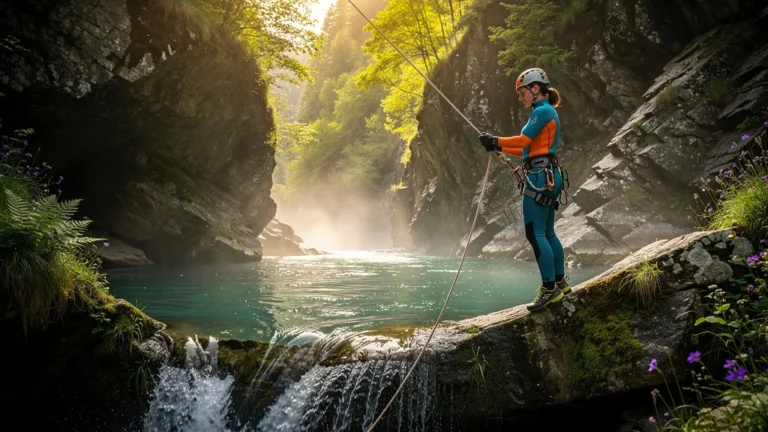 Femme débutante en canyoning dans un canyon montagneux lumineux et paisible, équipements et nature détaillés