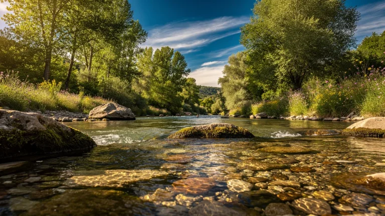 Paysage hyperréaliste d'une aire de baignade naturelle en rivière entre Ruoms et Balazuc en Ardèche